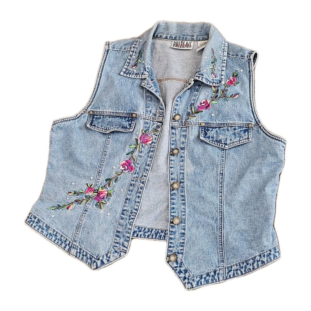 BILL BLASS denim rose vest size L vintage 90s mall girl sleeveless jean top